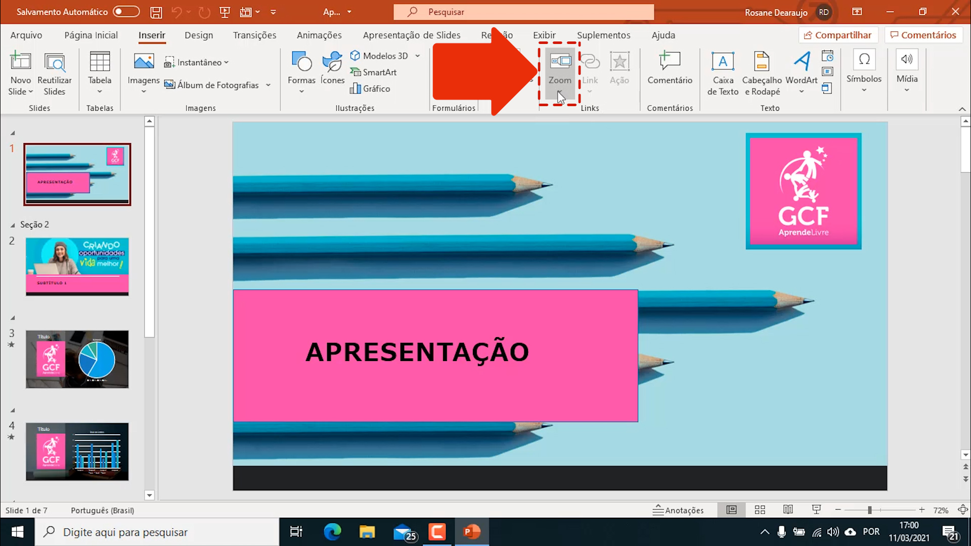 Como usar a função zoom de resumo no PowerPoint 2019 - Passo 1